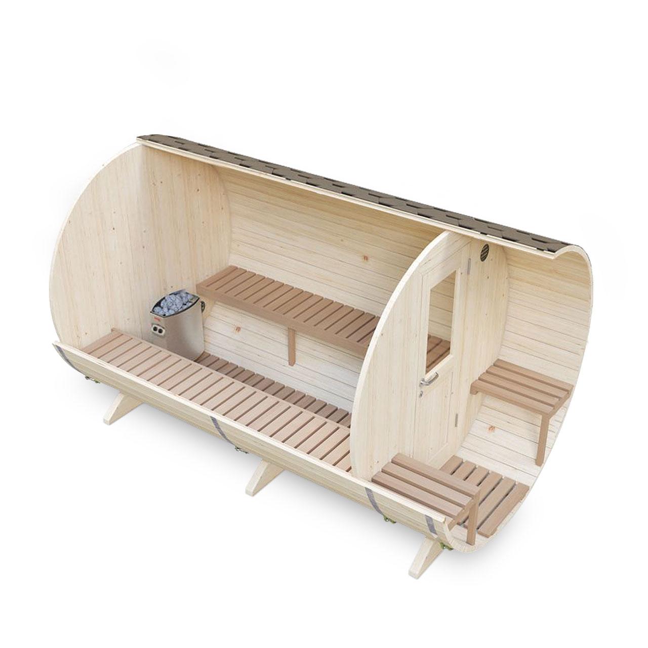Gartensauna AA Kaminwelt S3V Saunafass 3,6 m mit Sitzen außen - Ausführung: Ø 2m mit Elektroofen 6 kW - Holz: Fichte