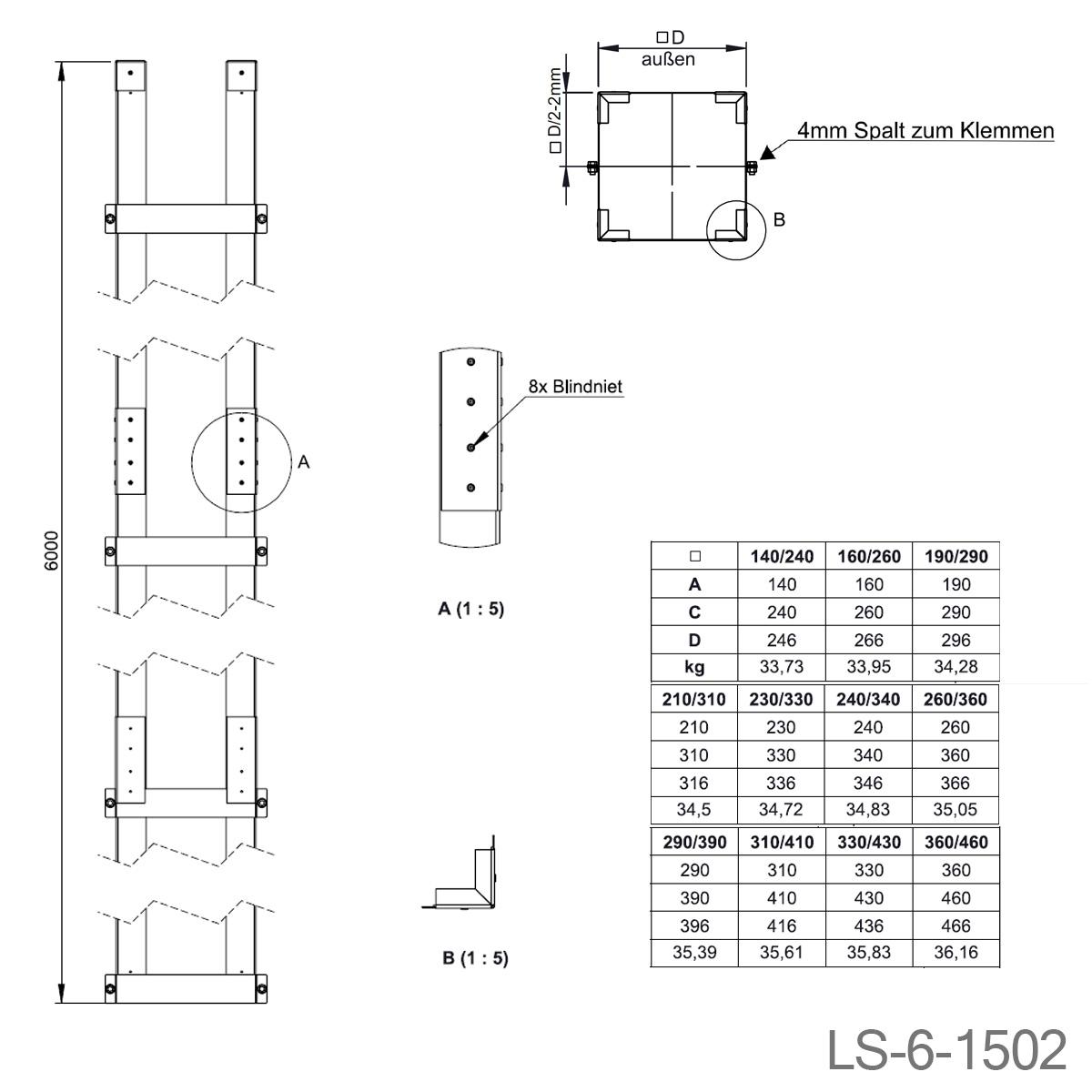 Jeremias Furado-F Statikset für Schacht - Schachtmaß innen: 140x140mm - Höhe: 4m (mit 5 Bügeln)