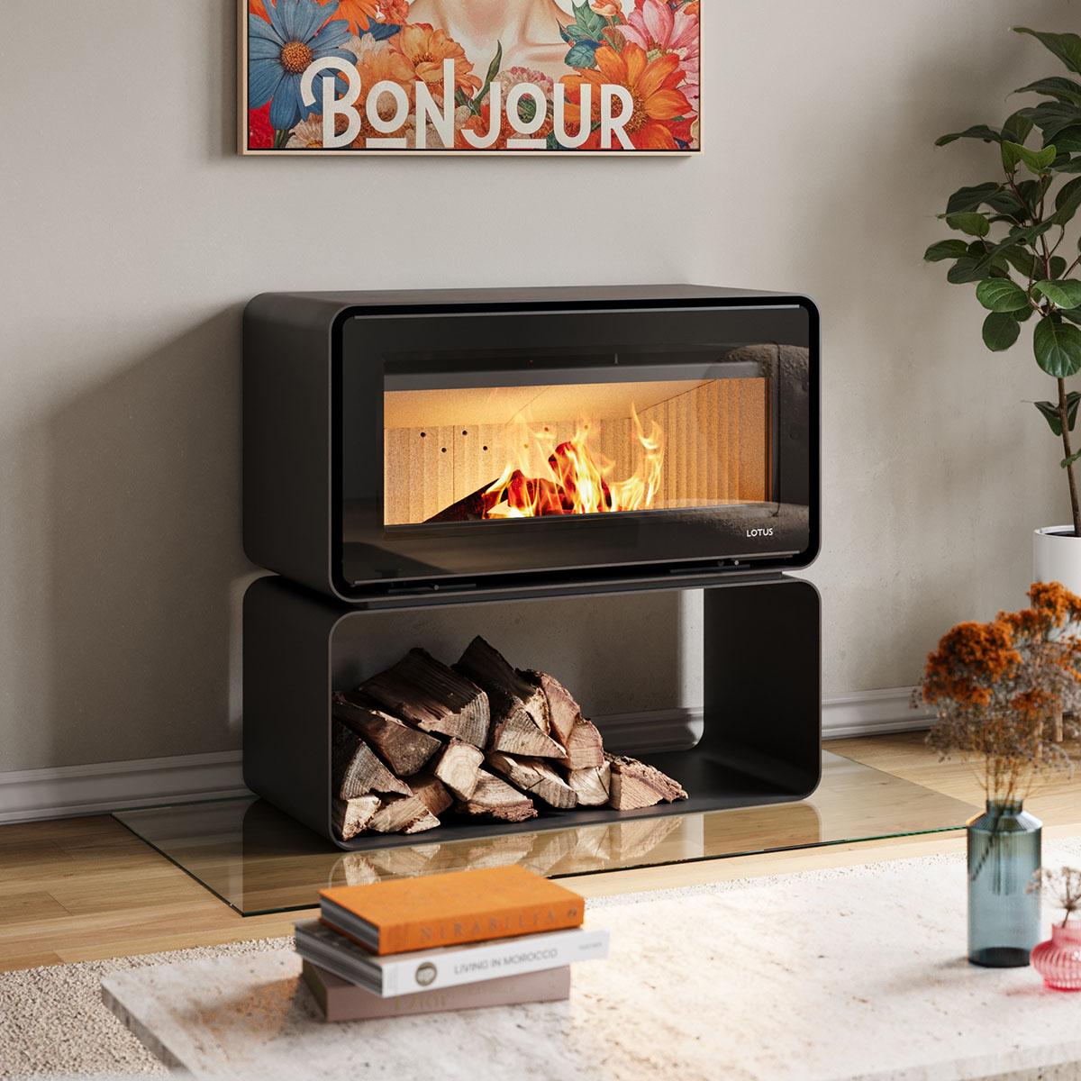 Kaminofen Lotus Living Cube, 7 kW mit Brennholzsockel - Ausführung: Ocean Dark, Abgang hinten