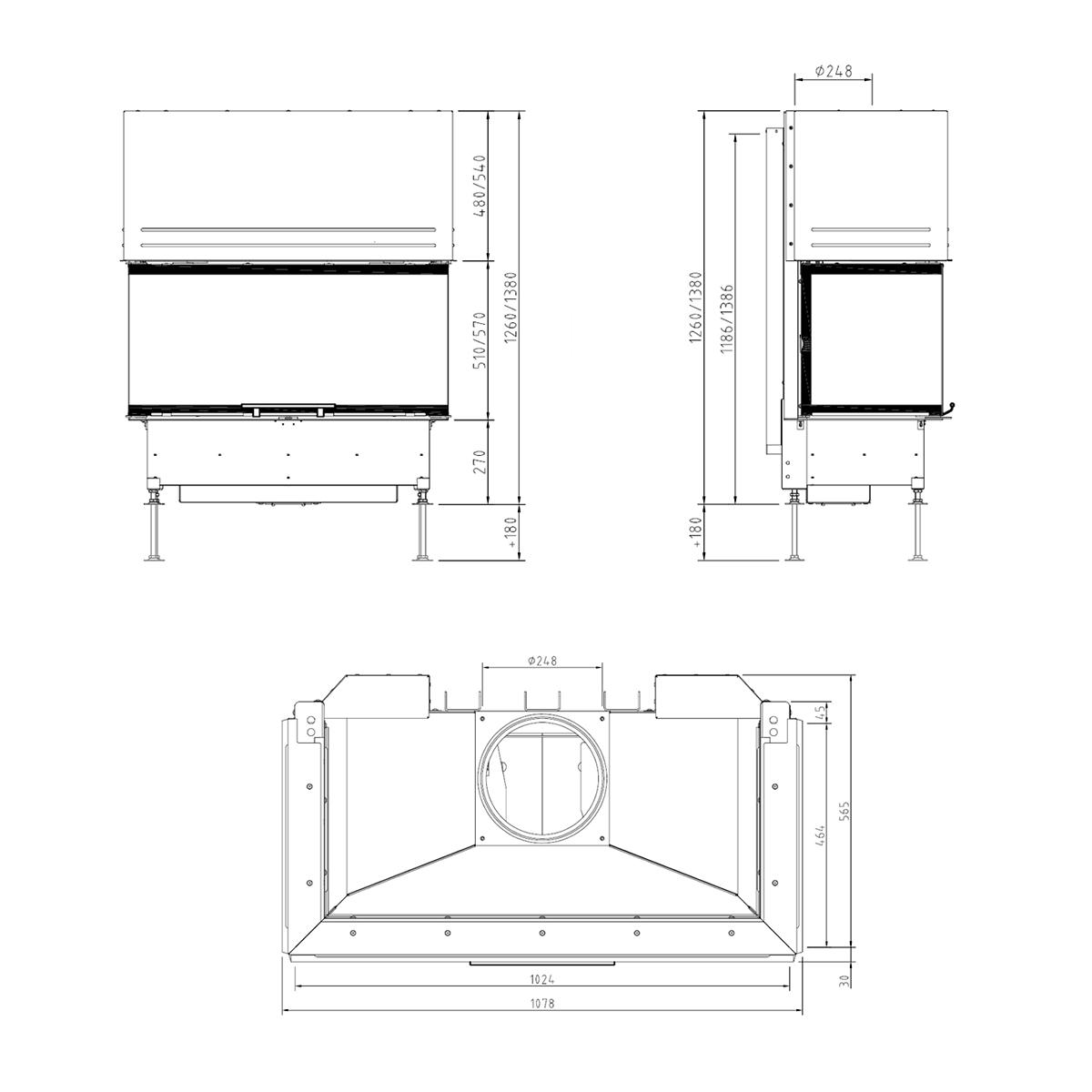 Kamineinsatz Schmid Ekko U 100(45) h mit 15 kW - Türhöhe: 51 cm - Brennraumauskleidung: Guss Anthrazit - modulares Blendrahmensystem: nein