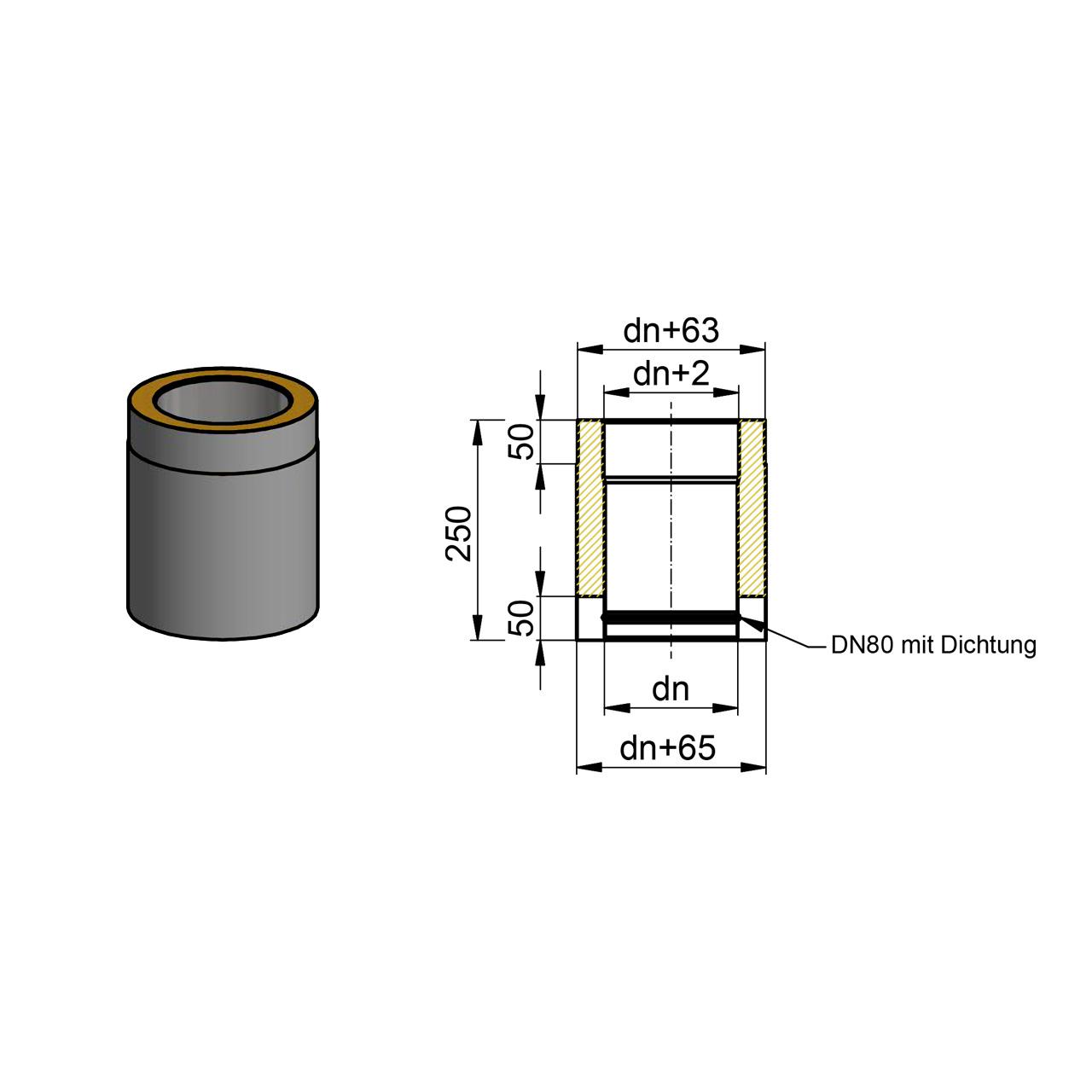 Doppelwandiges Ofenrohr DN 150 mm Länge 250 mm Schwarz
