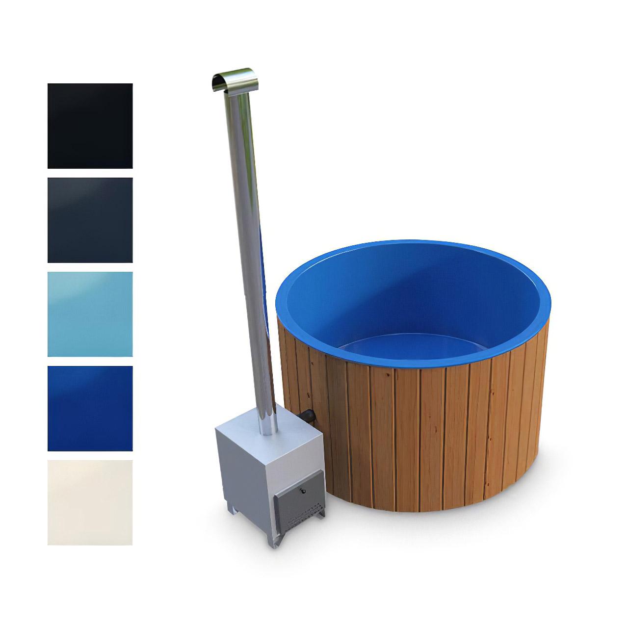Hot Tub AA-Kaminwelt Badefass mit Kunststoffeinsatz und Außenofen DN 1800 mm - Farbe: RAL 9005 - Ofen: Aluminium 27 kW