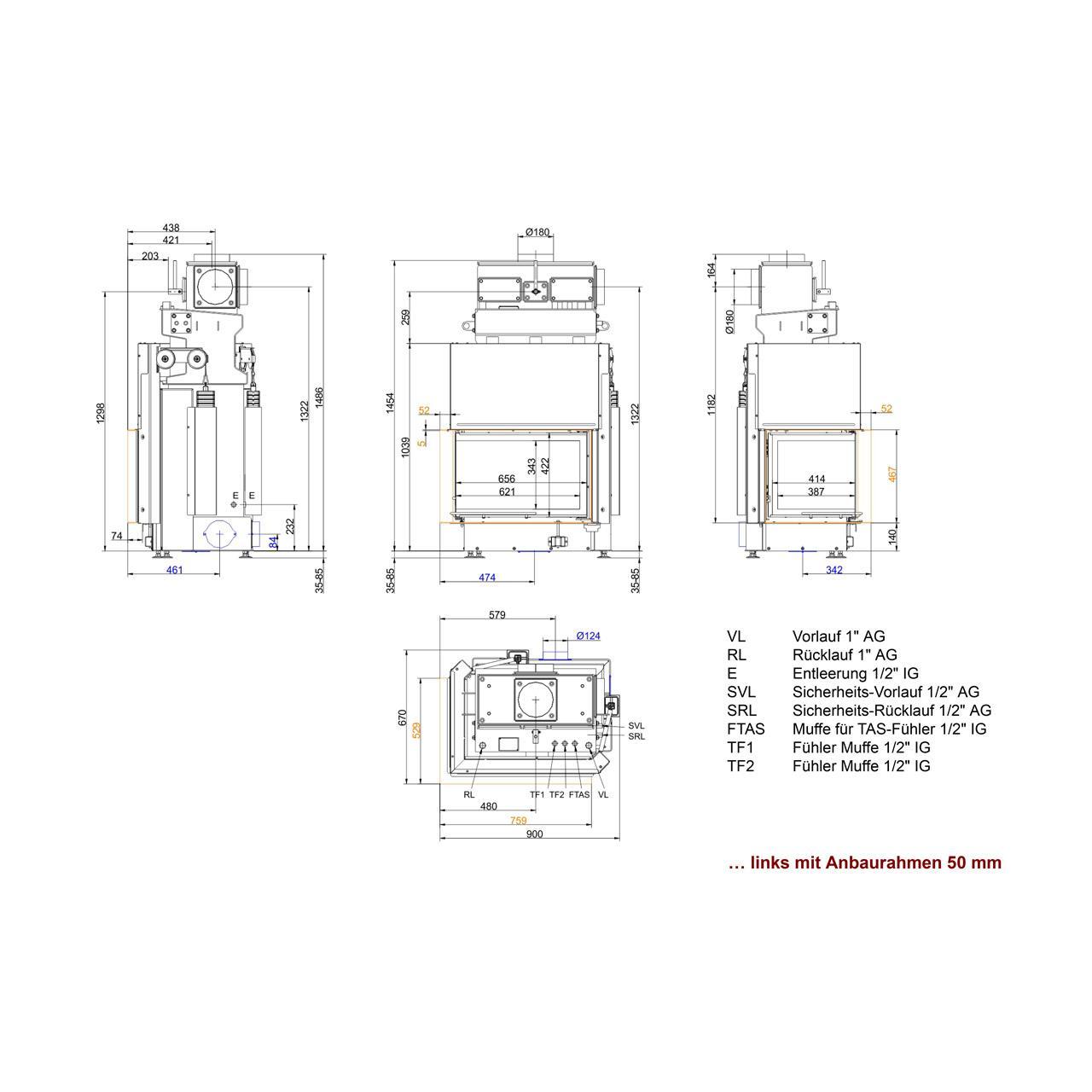 Kamineinsatz wasserführend Brunner Kamin-Kessel Eck 45/67/44 S04.2 links, Schiebetür 12 kW - Kessel-Ausführung: Glaskeramik (GK) - Ausführung: Anbaurahmen, schwarz 50 mm