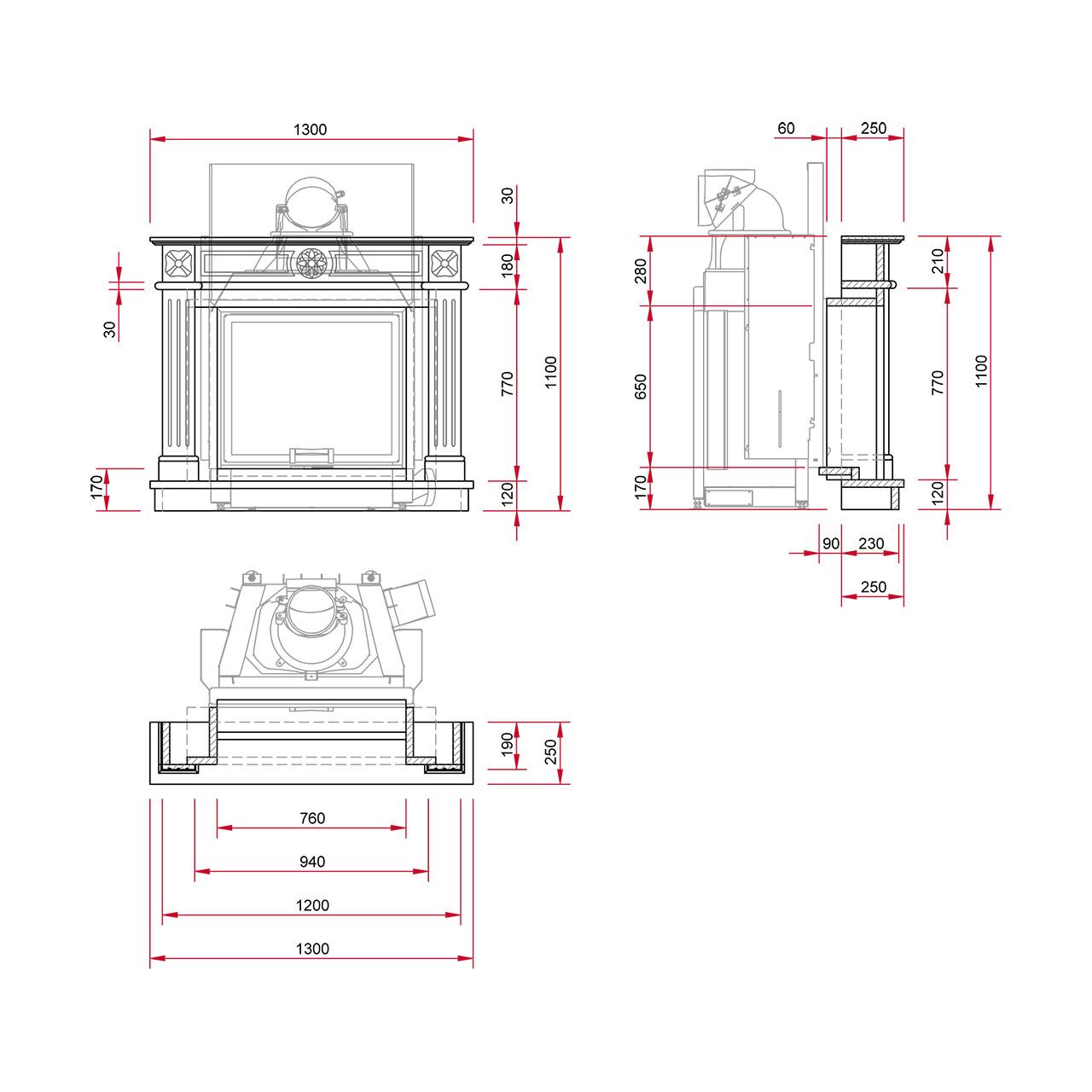 Kaminbausatz Camina N29 mit 9 kW - Naturstein: Travertino Romano - Feuerraumauskleidung: Schamotte weiß