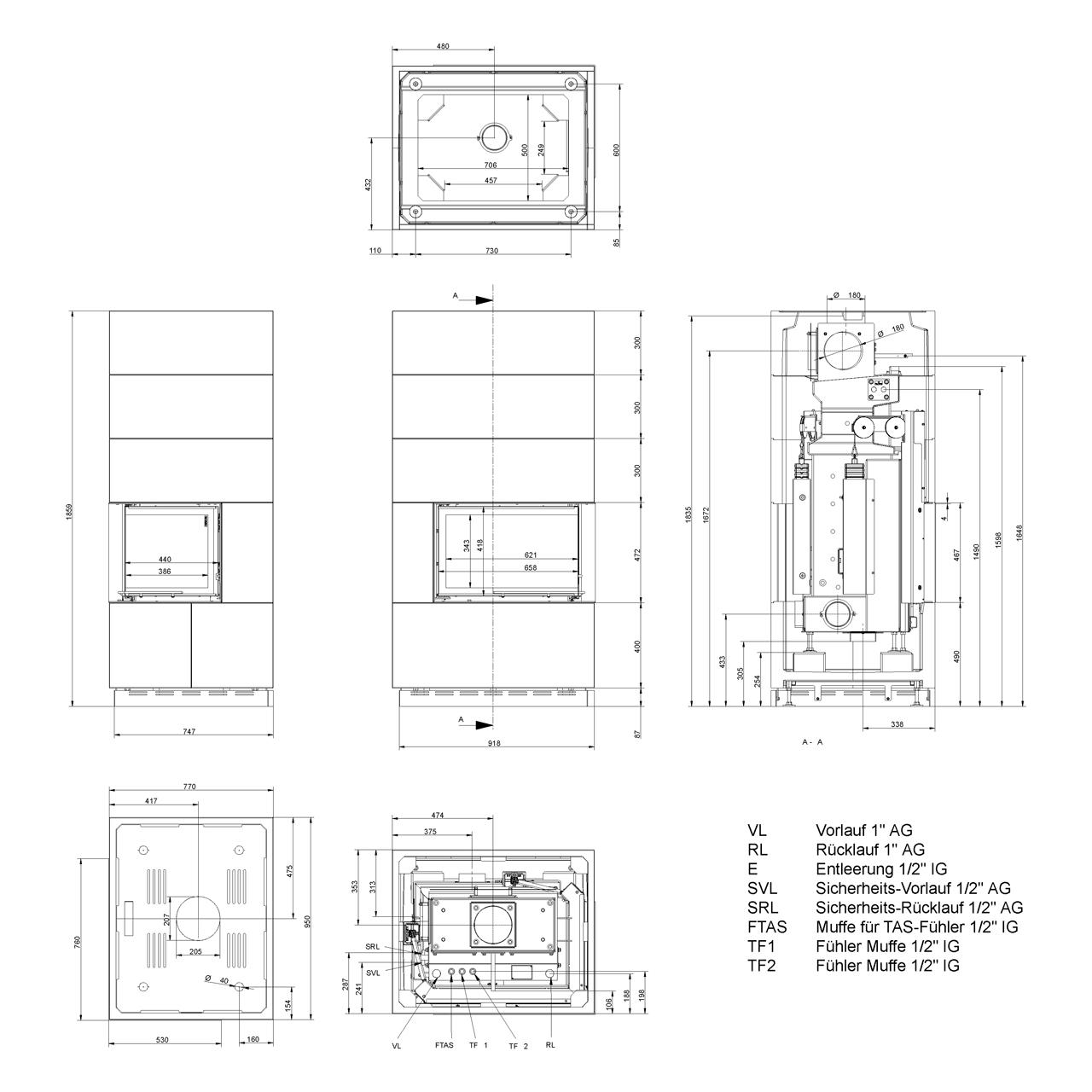 Kaminbausatz Brunner wasserführend BSK 02.1 Kamin-Kessel Eck 45/67/44 rechts, Schiebetür 12 kW - Kessel-Ausführung: Glaskeramik (GK)