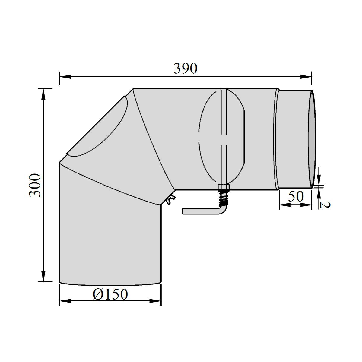 Ofenrohr Bogen 3tlg. starr geschliffen mit Tür und Drosselklappe DN 150 mm 90° Gussgrau