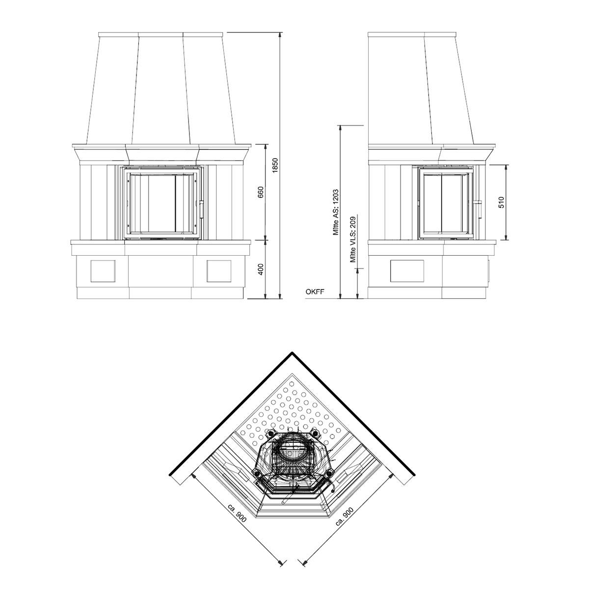 Kaminbausatz Camina S4 Eck mit 7 kW - Naturstein: Mocca creme - Türanschlag: rechts - Feuerraumauskleidung: Schamotte beige - Schürze: geneigt