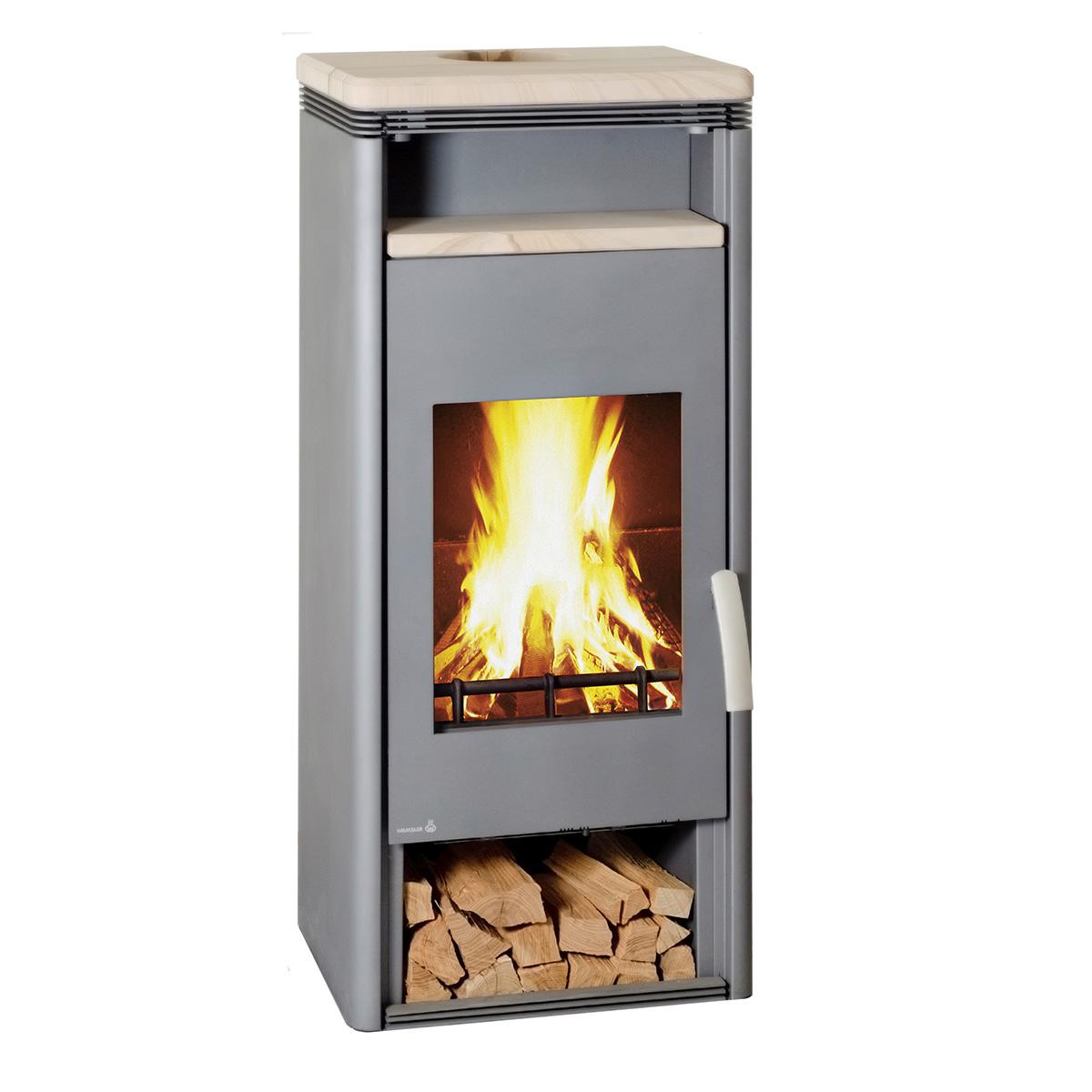 Kaminofen Wamsler Fulgor 6 kW - Ausführung: Grau mit Warmhaltefach und Topplatte Sandstein