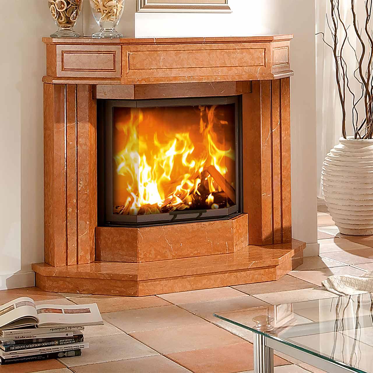 Kaminbausatz Camina N14 mit 9 kW - Naturstein: Travertino Romano - Feuerraumauskleidung: Schamotte beige