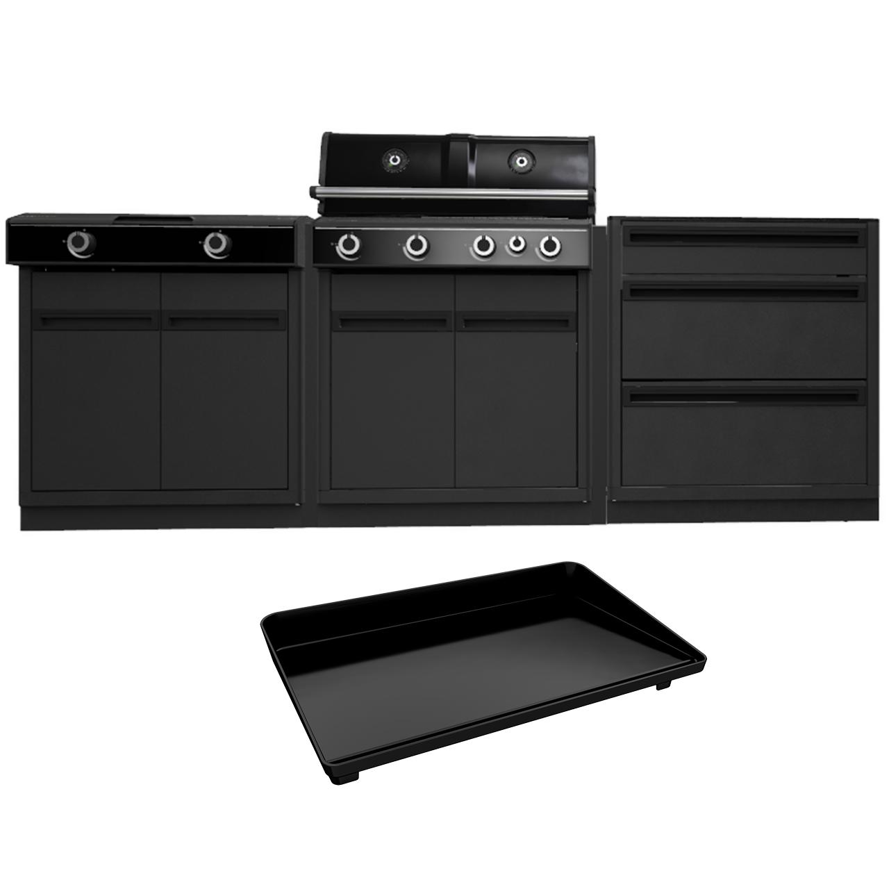 Outdoorchef Heat Outdoorküche X-415 RB K mit Blazing Zone X-245 K, Schubladenschrank und massiver Plancha XL aus Gusseisen inkl. Granit-Arbeitsplatte