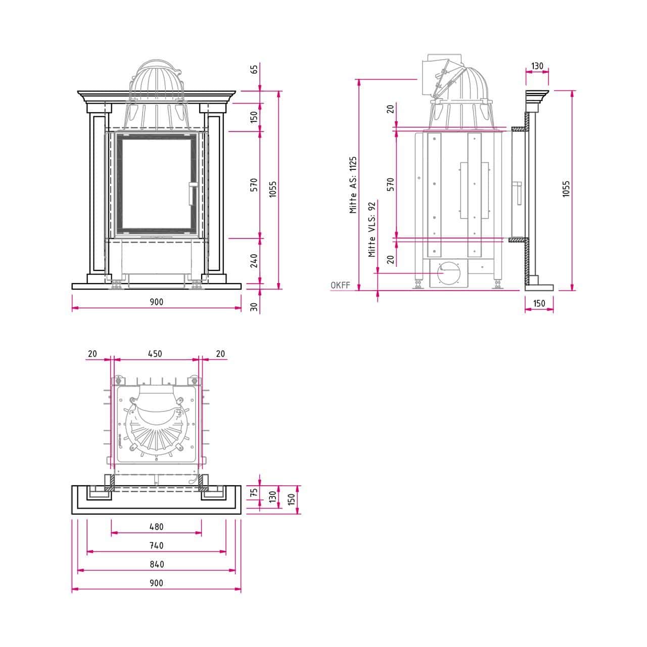 Kaminbausatz Camina N10 mit 7 kW - Naturstein: Travertino Romano - Türausführung: schwenkbar, Türanschlag rechts - Feuerraumauskleidung: Schamotte weiß