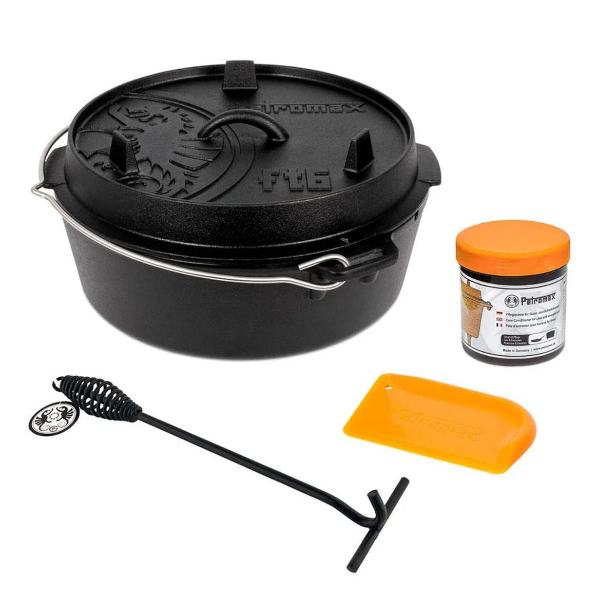Petromax Feuertopf ft6 Set inkl. Deckelheber, Schaber & Pflegepaste - Dutch Oven: mit planem Boden