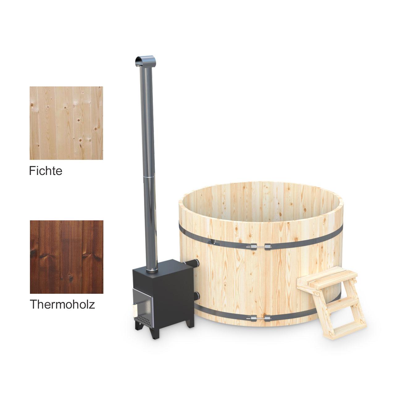 Hot Tub AA-Kaminwelt Badefass DN 1800 mm mit Außenofen - Holz: Fichte - Ofen: Aluminium 27 kW