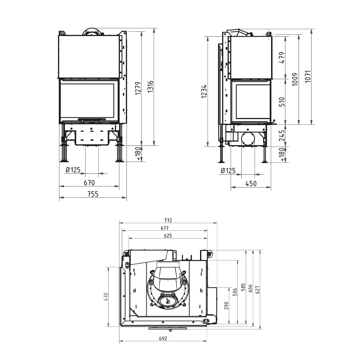 Eck-Kamineinsatz Schmid Ekko L 67(45) h evo mit 9 kW - Türhöhe: 51 cm - Brennraumauskleidung: Schamotte Weiß - modulares Blendrahmensystem: nein