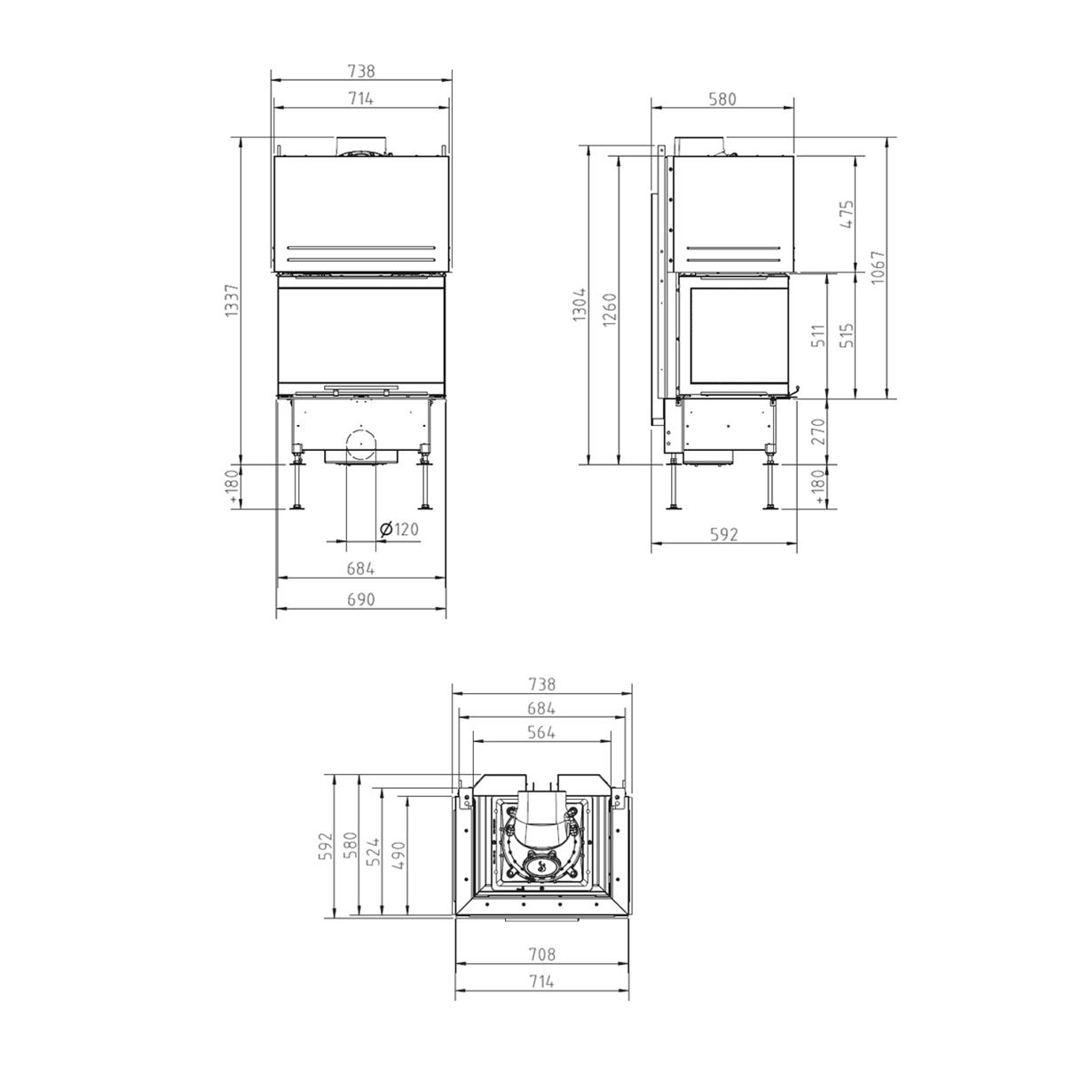 Kamineinsatz Schmid Ekko U 67(45) h mit 9 kW - Türhöhe: 51 cm - Brennraumauskleidung: Schamotte Weiß - modulares Blendrahmensystem: nein