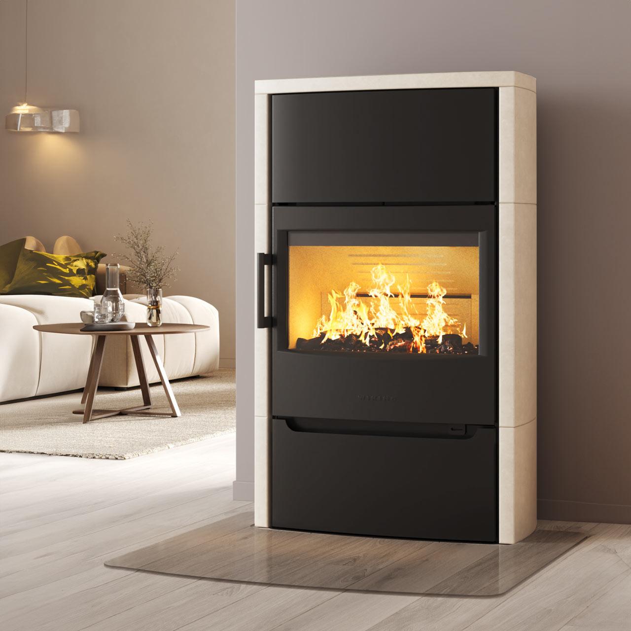 Kaminofen Wiking Maxi 6, 6,3 kW - Ausführung: Naturstein weiß - Korpus: Schwarz - Holzfach: mit Tür - Rauchabgang: Oben