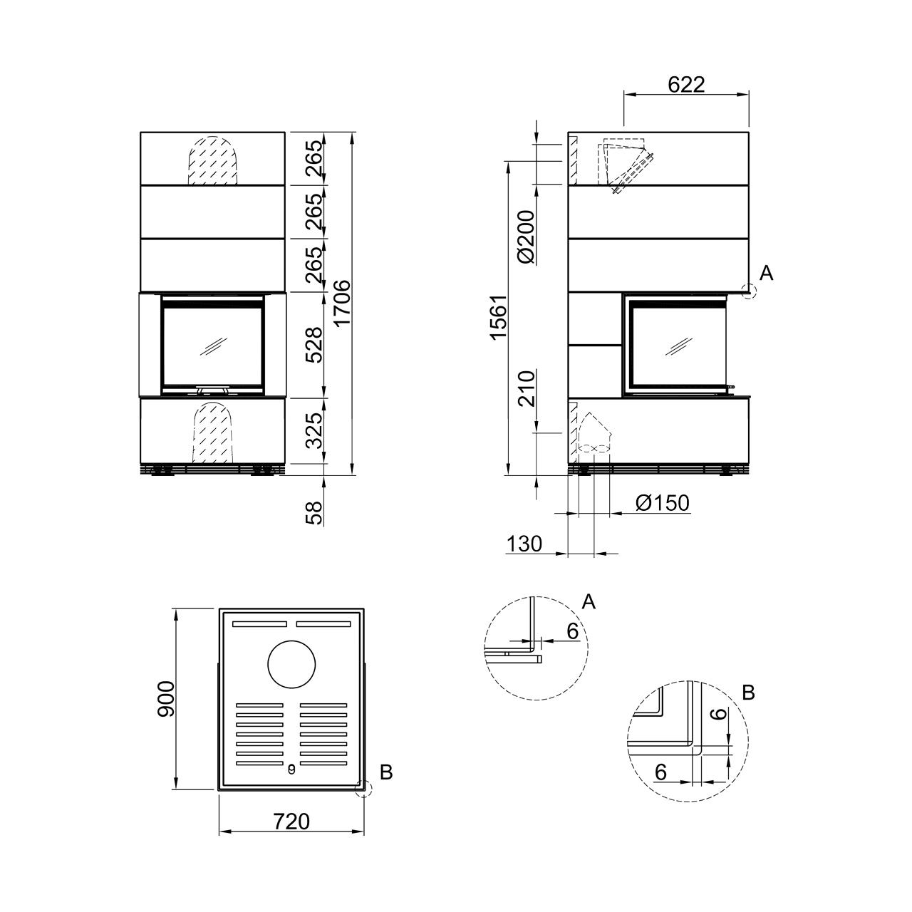 Kaminbausatz Spartherm SIM Arte U-50h 9 kW - Verkleidung: 1/3 Beton Fino - Feuerraumauskleidung: Elfenbein