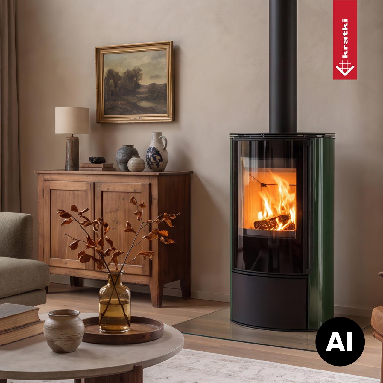 Kaminofen Kratki ERIK/KAFEL 5,5 kW - Ausführung: Grün - Topplatte: Stahl - Feuerraumauskleidung: Weiß