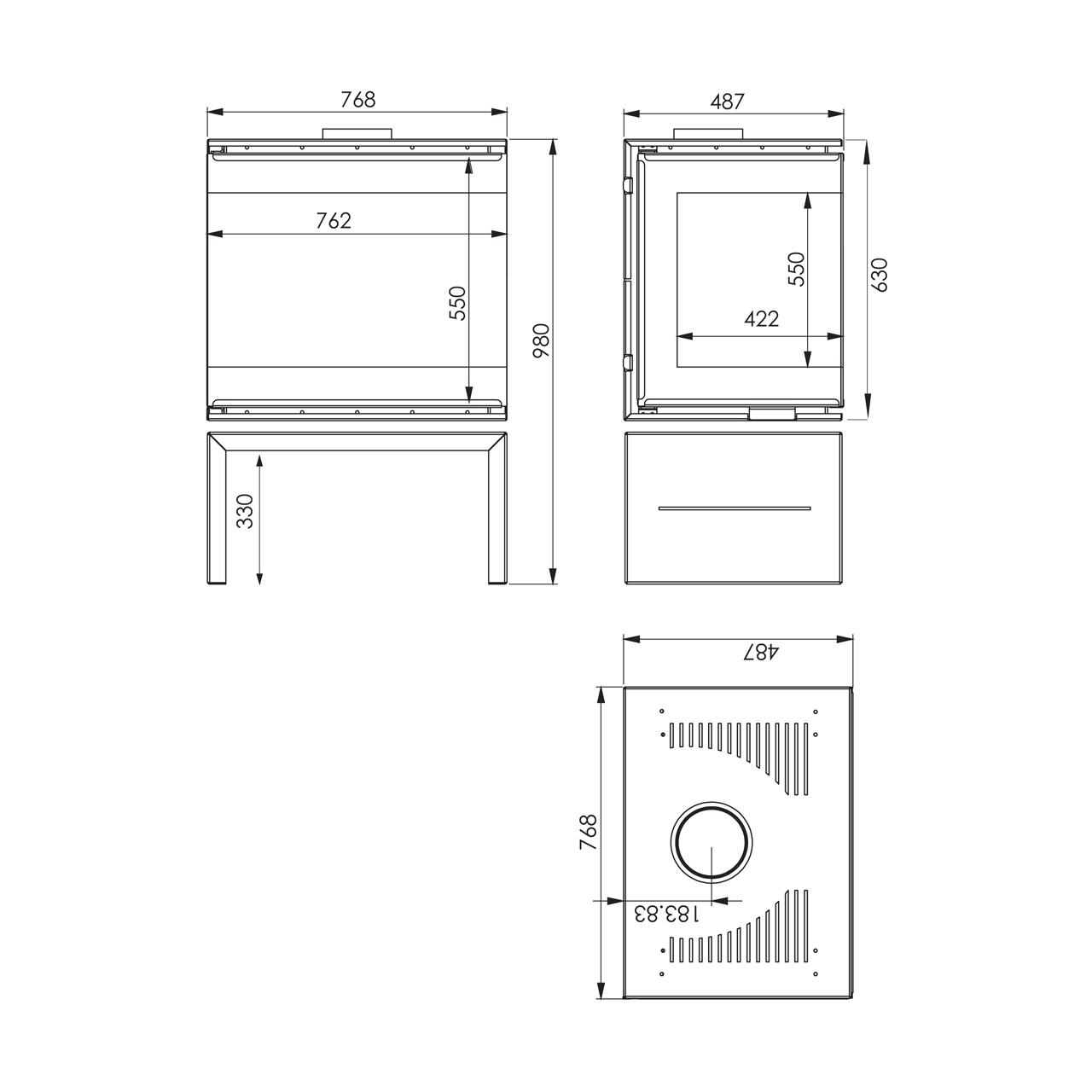 Kaminofen A.Caminetti Scandinavian 75, 3-seitiger Panoramakamin 8 - 12 kW