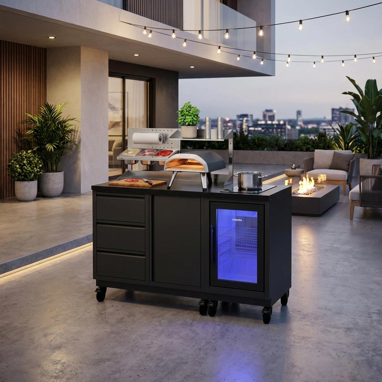 Outdoorküche vivandio quub / Kompakte Gartenküche mit Kühlschrank und Kochfeld - Ausführung: schwarz - Mobilität: mit Stellfüßen