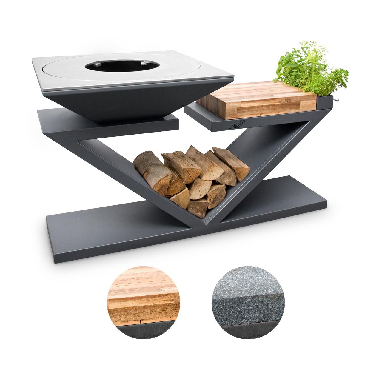 Feuerplatte Artiss G5 Graphit Plancha Grill und Feuerschale - Arbeitsfläche: Holz