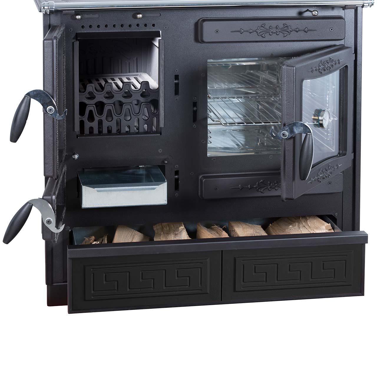 Holzherd Globe Fire Alhena Guss 6,6 kW - Ausführung: Backofen Rechts, Korpus Schwarz