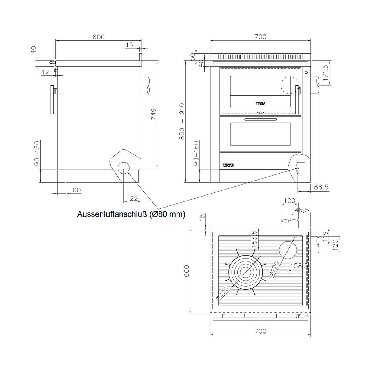 Holzherd Tyrola TR_F 70, 7 kW Küchenofen - Verkleidung: Schwarz