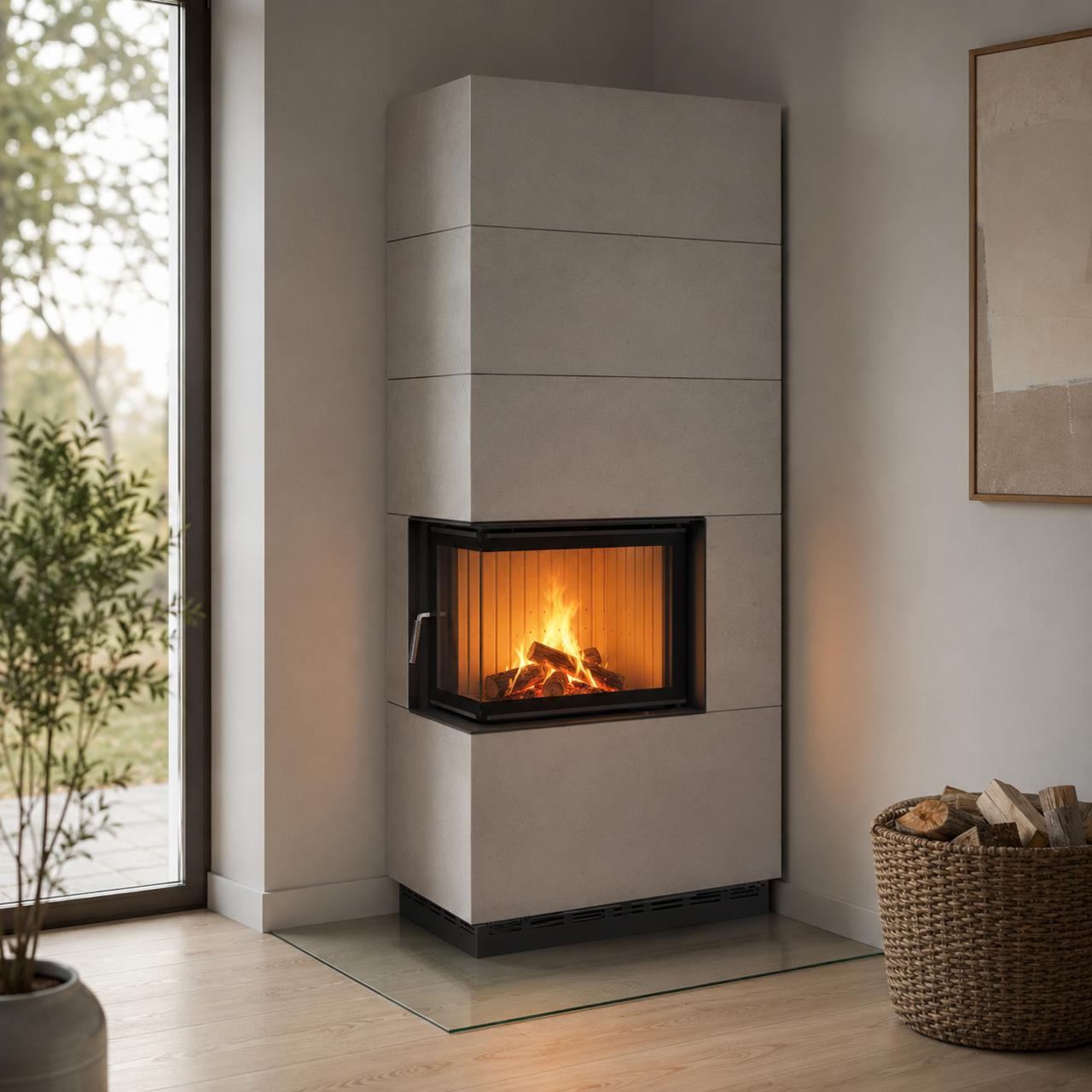 Kaminbausatz Brunner wasserführend BSK 12.1 Kamin-Kessel Eck 42/57/30 links, Drehtür 8 kW - Kessel-Ausführung: Glaskeramik beschichtet (GKB), EOS-vorbereitet