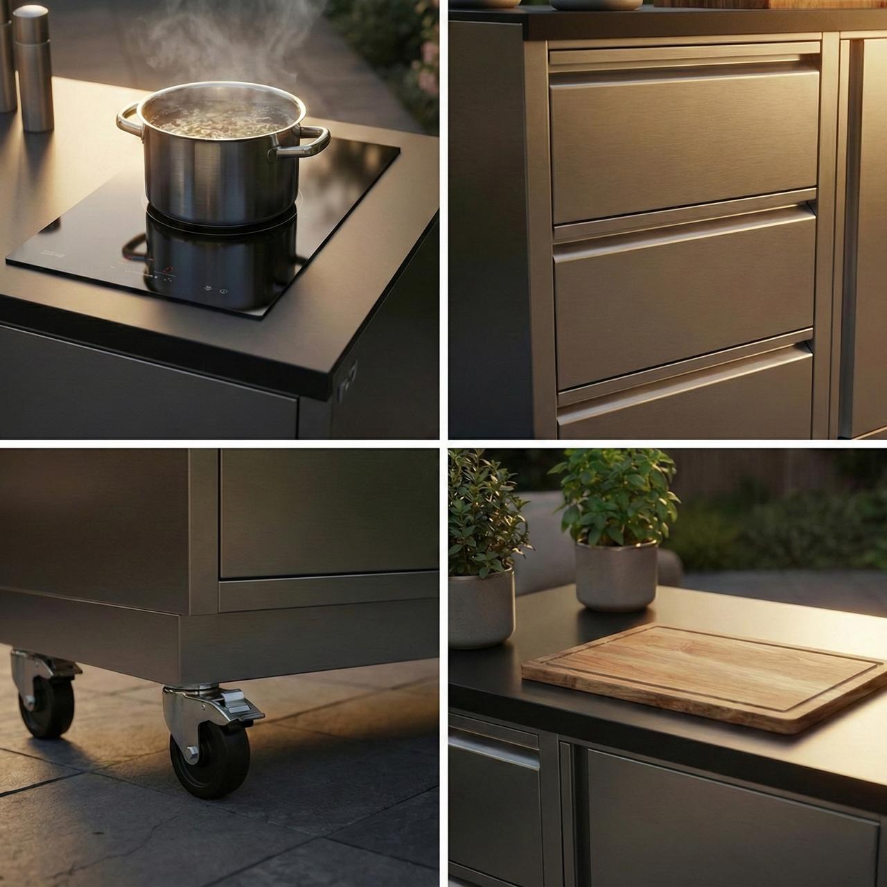 Outdoorküche vivandio quub / Outdoor Kochstation mit Induktionskochfeld & Spüle - Ausführung: silber - Mobilität: mit Stellfüßen