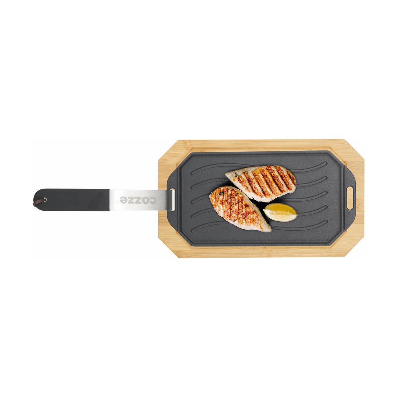 Grillzubehör Cozze Gusseisenpfanne mit Bambus Servierbrett 15x30 cm