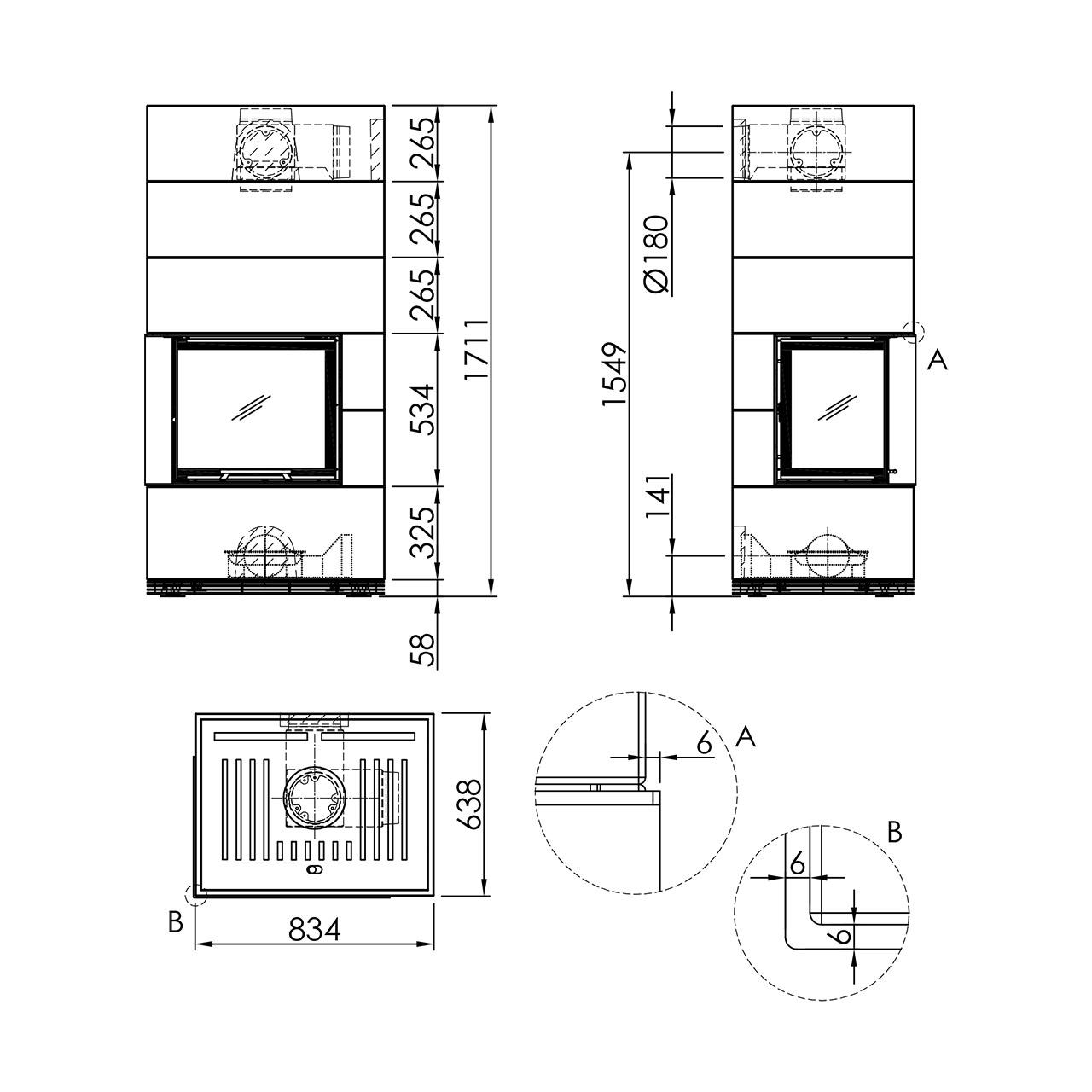 Kaminbausatz wasserführend Spartherm SIM Varia 2L-55h H2O 7 kW - Ausführung: 1/3 Beton Fino - Feuerraumauskleidung: elfenbein