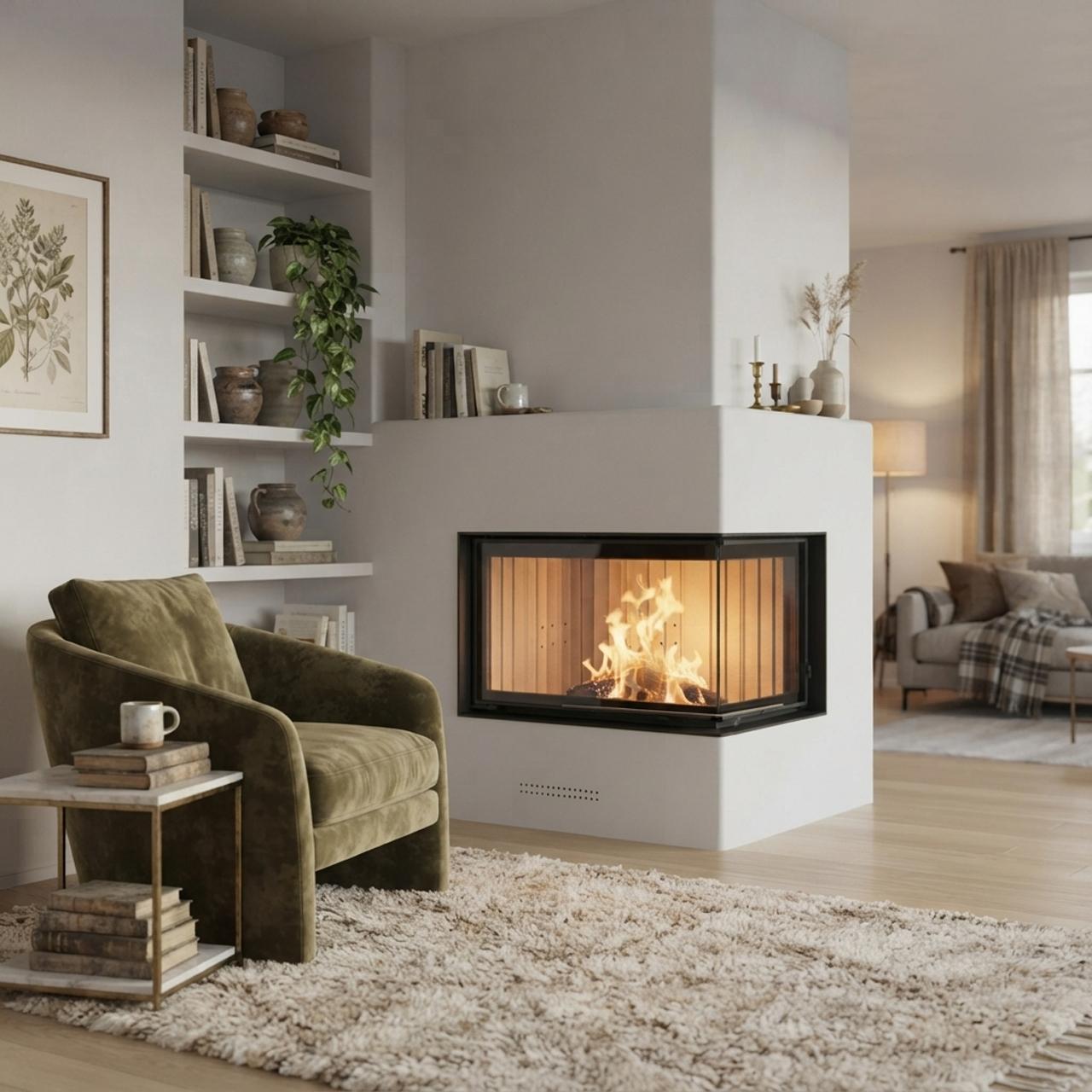 Kamineinsatz wasserführend Brunner Kamin-Kessel Eck 45/67/44 S04.2 rechts, Schiebetür 12 kW - Kessel-Ausführung: Glaskeramik (GK) - Ausführung: Anbaurahmen, schwarz 50 mm