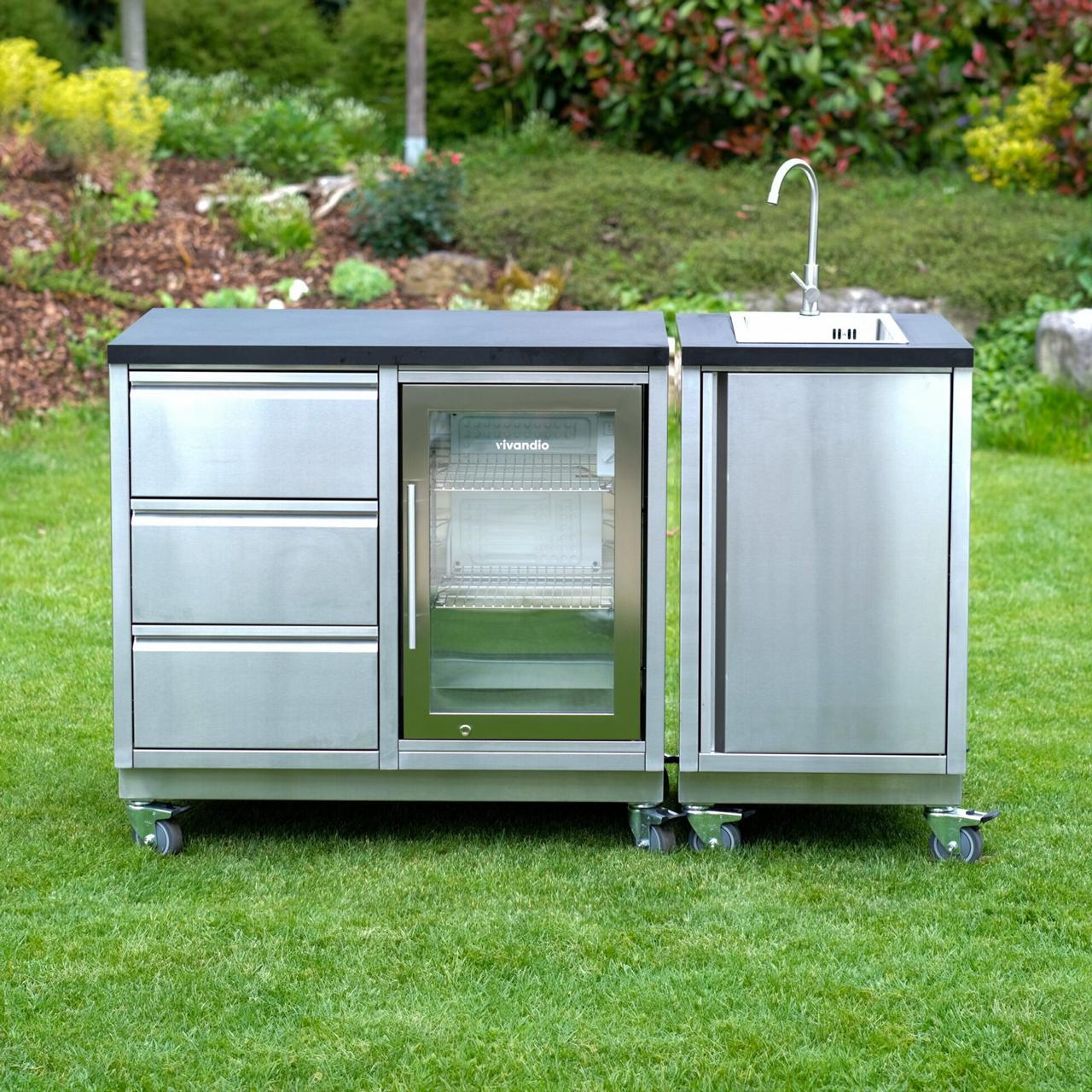 Outdoorküche vivandio quub / Outdoor Aperitivo-Station mit Doppelkühlschrank und Spüle - Ausführung: silber - Mobilität: mit Stellfüßen