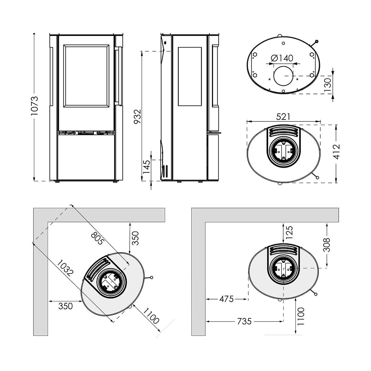 Kaminofen Termatech TT23RG 5,6 kW - Ausführung: schwarz, Rauchrohranschluss oben