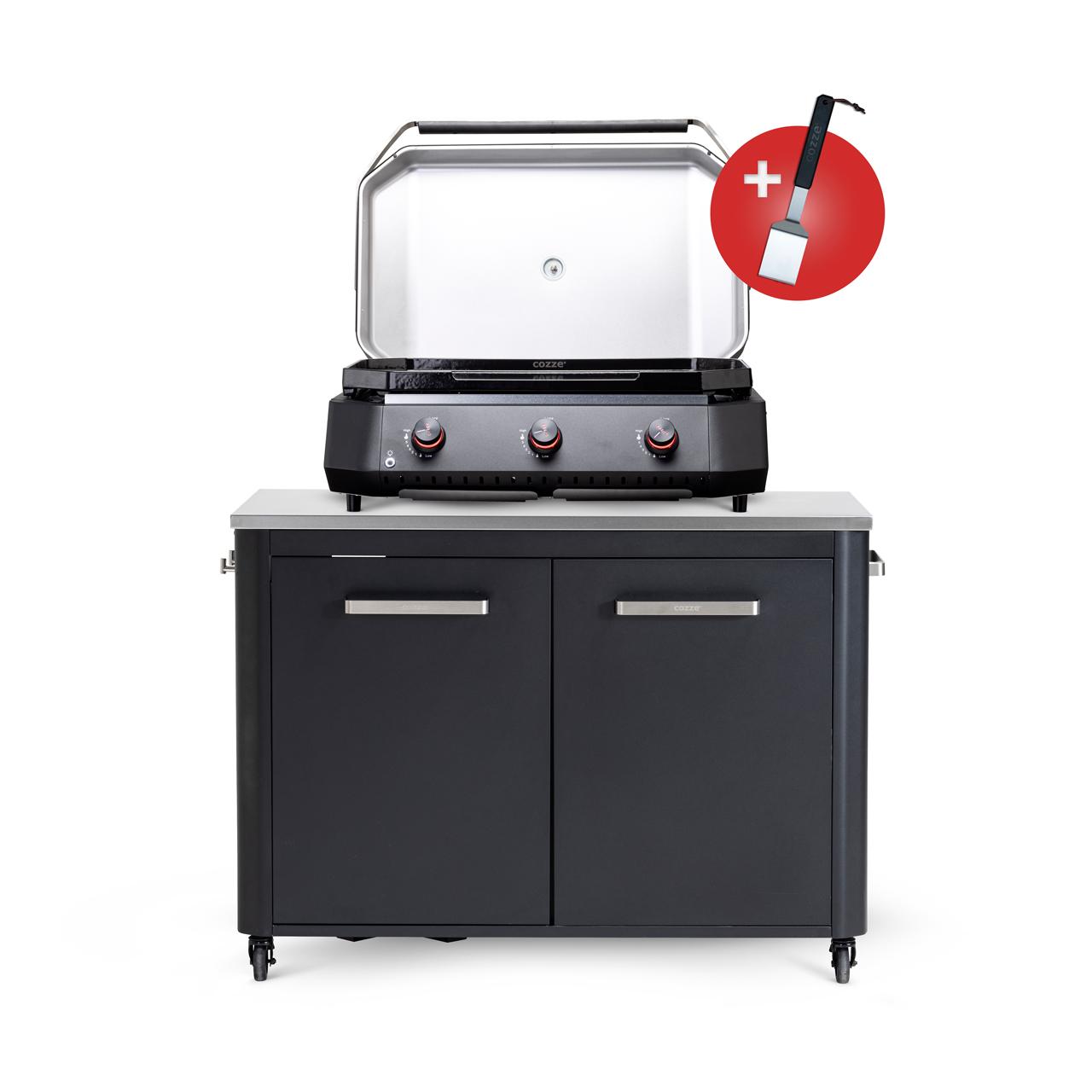 Cozze Plancha G-800 Bundle inkl. Schrankmodul 120 cm mit Edelstahlplatte & Gratis Grillspatel