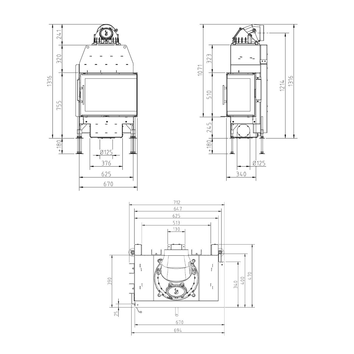Eck-Kamineinsatz Schmid Ekko L 67(34) s evo mit 7,5 kW - Türhöhe: 51 cm - Türanschlag: rechts - Brennraumauskleidung: Schamotte Weiß