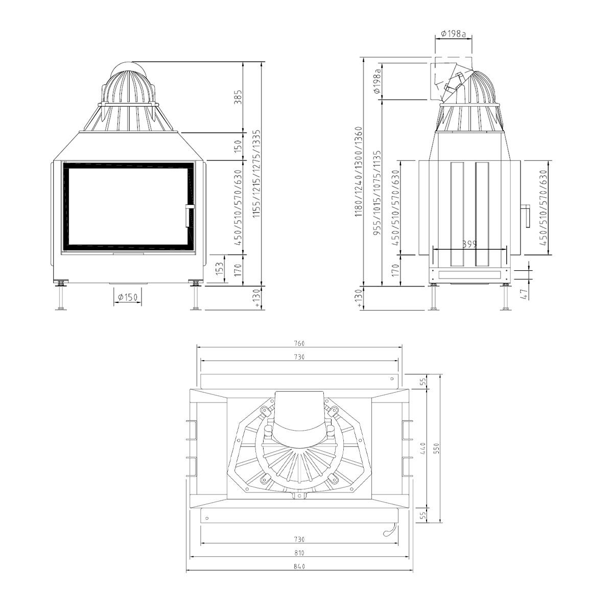 Tunnel-Kamineinsatz Schmid Lina TV 73 s/s mit 9 kW - Türhöhe: 51 cm - Türanschlag: rechts - Brennraumauskleidung: Schamotte Weiß