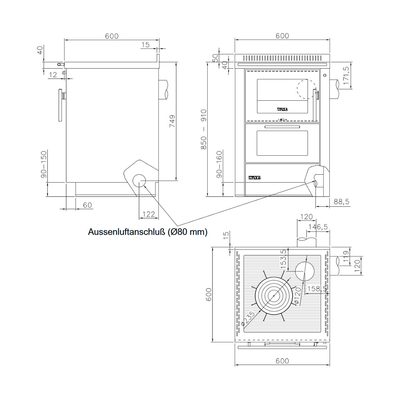 Holzherd Tyrola TR_F 60, 7 kW Küchenofen - Verkleidung: Edelstahl