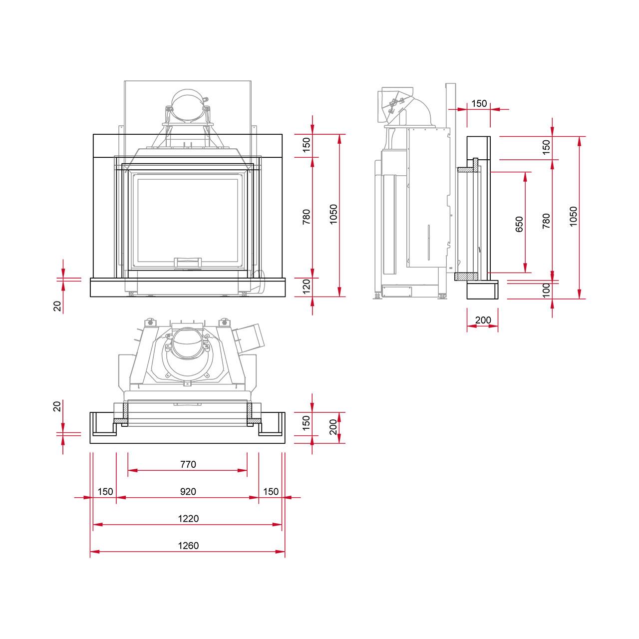 Kaminbausatz Camina N28 mit 9 kW - Naturstein: Travertino Romano - Feuerraumauskleidung: Schamotte weiß