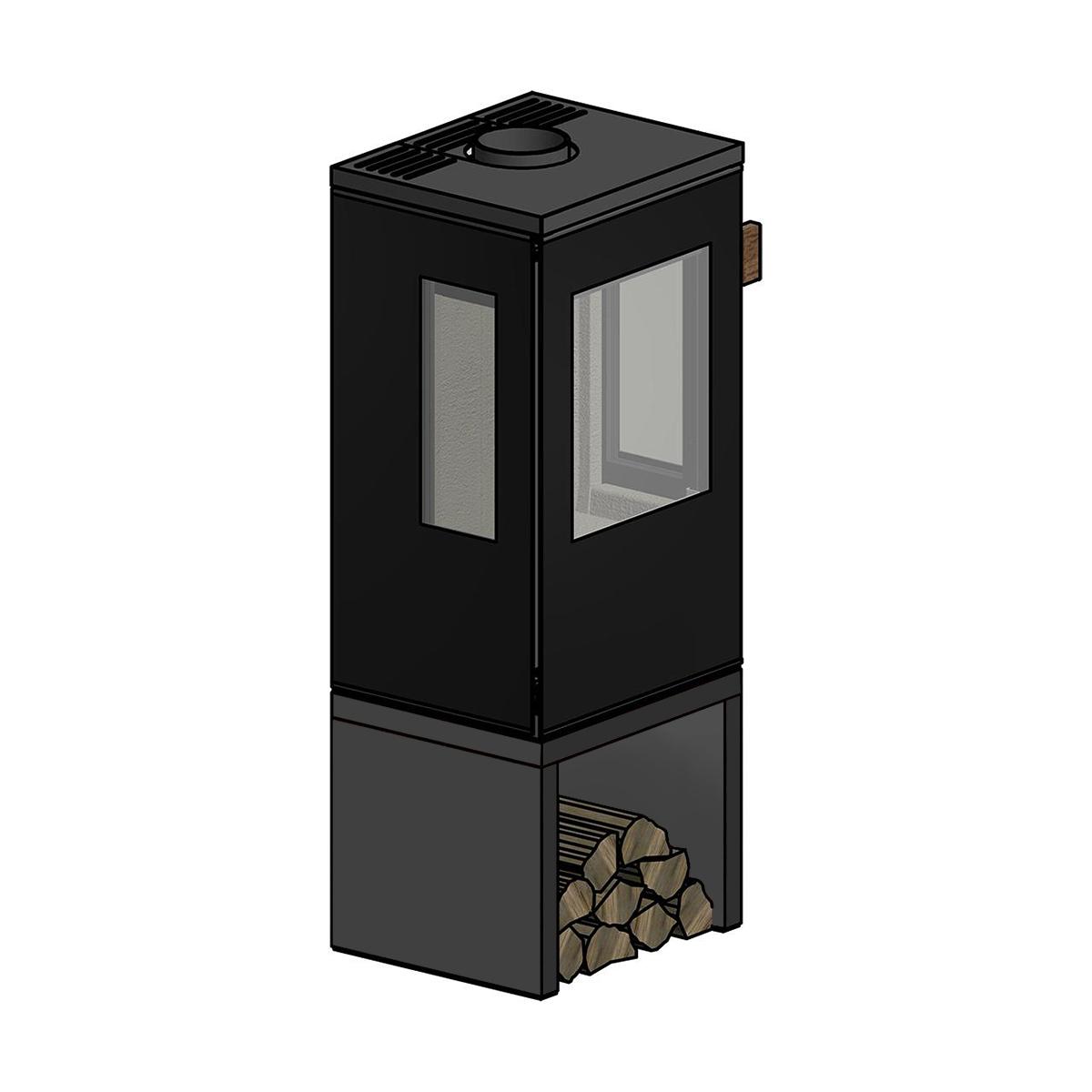 Kaminofen Cera Design Galileo Glas mit 5,5 kW - Sockel: Holz schwarz, vorn offen