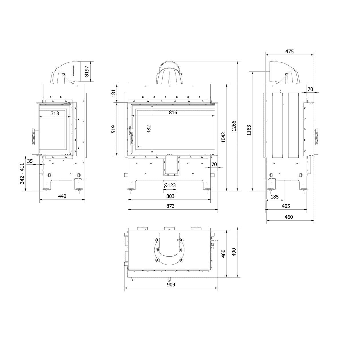 Eck-Kamineinsatz Kratki LUCY/14/NEW 14 kW - Türanschlag: rechts - Feuerraumauskleidung: weiß - Tür selbstschließend: nein