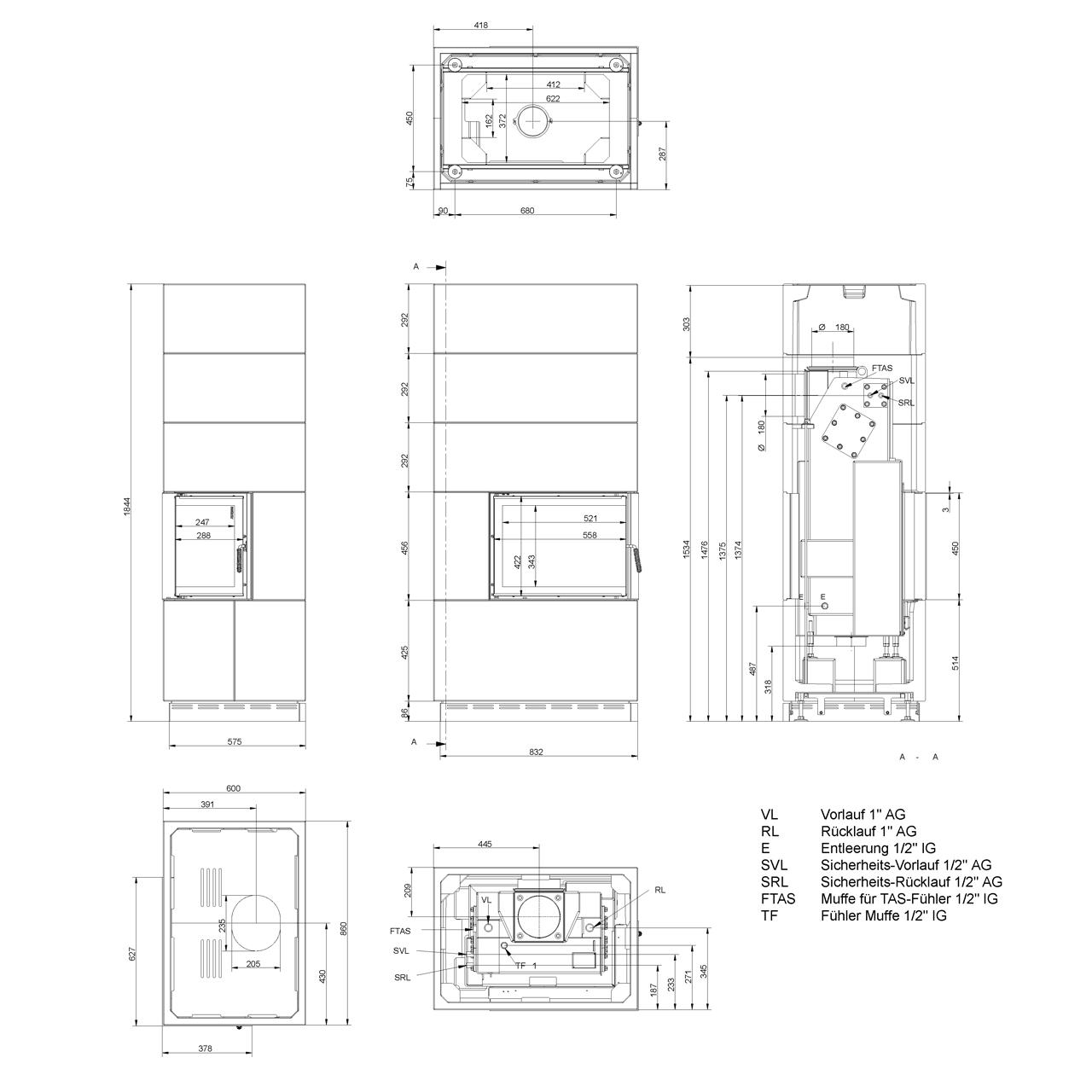 Kaminbausatz Brunner wasserführend BSK 12.1 Kamin-Kessel Eck 42/57/30 rechts, Drehtür 8 kW - Kessel-Ausführung: Glaskeramik (GK)