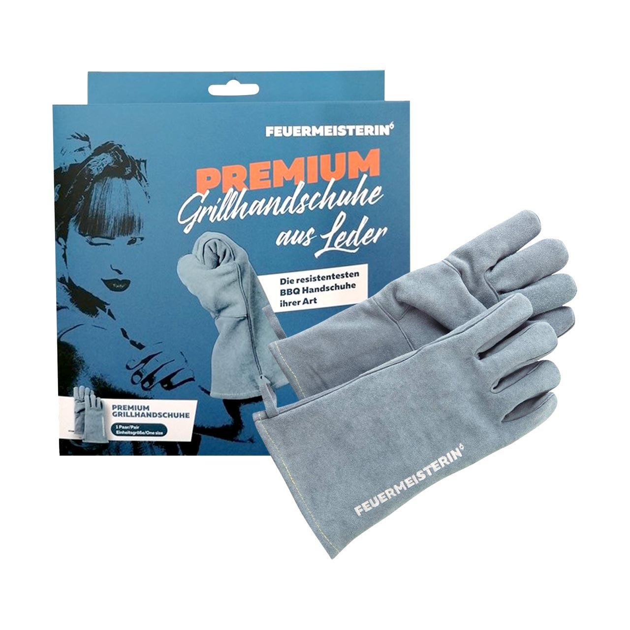 Grillzubehör Feuermeisterin Premium Grillhandschuhe aus Leder, grau-blau