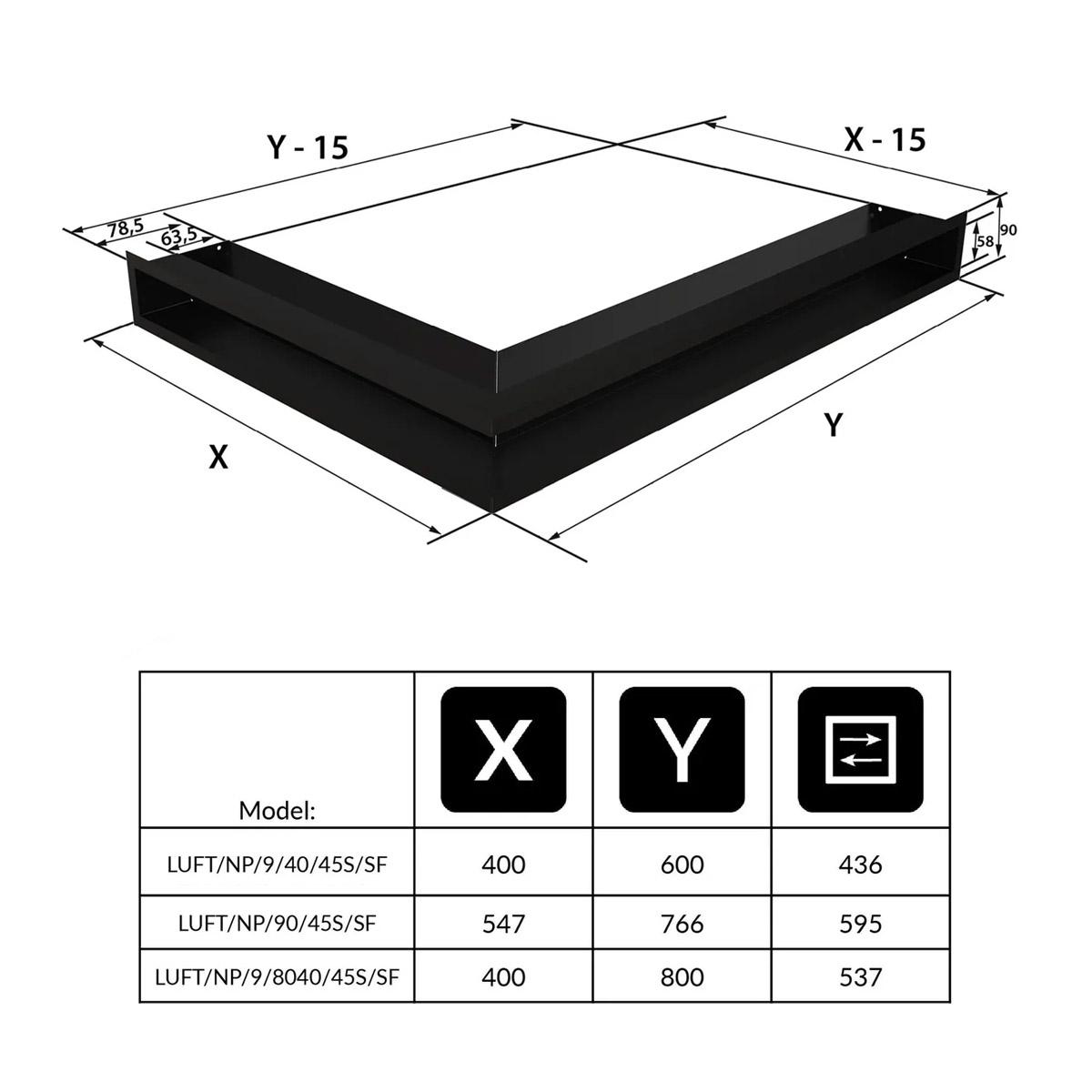 Kratki Eck-Luftleiste rechts - Größe: 40 x 60 x 9 cm - Farbe: schwarz - Ausführung: slim (geringere Einbautiefe)