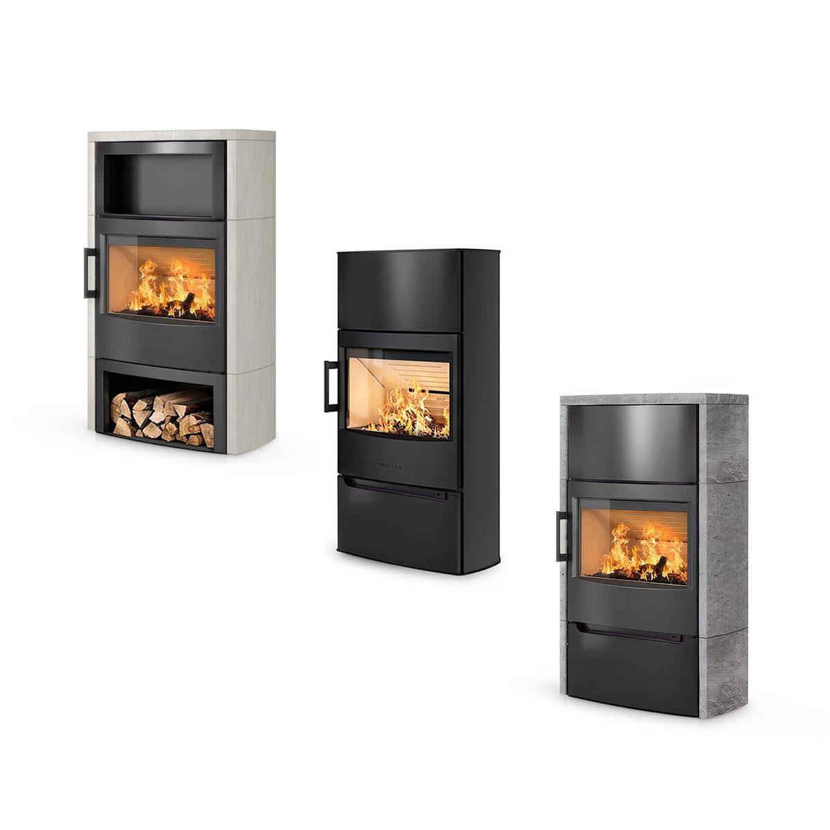 Kaminofen Wiking Maxi 6, 6,3 kW - Ausführung: Naturstein weiß - Korpus: Schwarz - Holzfach: mit Tür - Rauchabgang: Oben