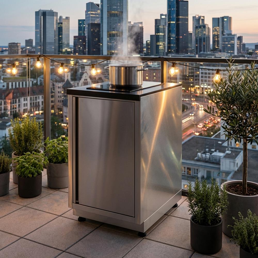 Outdoorküche vivandio quub / Outdoor Kochstation mit Induktionskochfeld & Spüle - Ausführung: silber - Mobilität: mit Stellfüßen