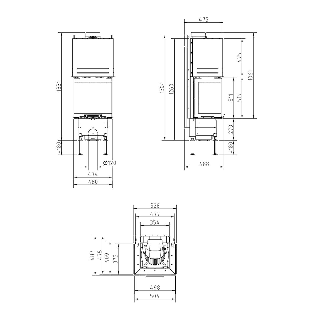 Kamineinsatz Schmid Ekko U 45(34) h mit 4 kW - Türhöhe: 51 cm - Brennraumauskleidung: Schamotte Weiß - modulares Blendrahmensystem: nein
