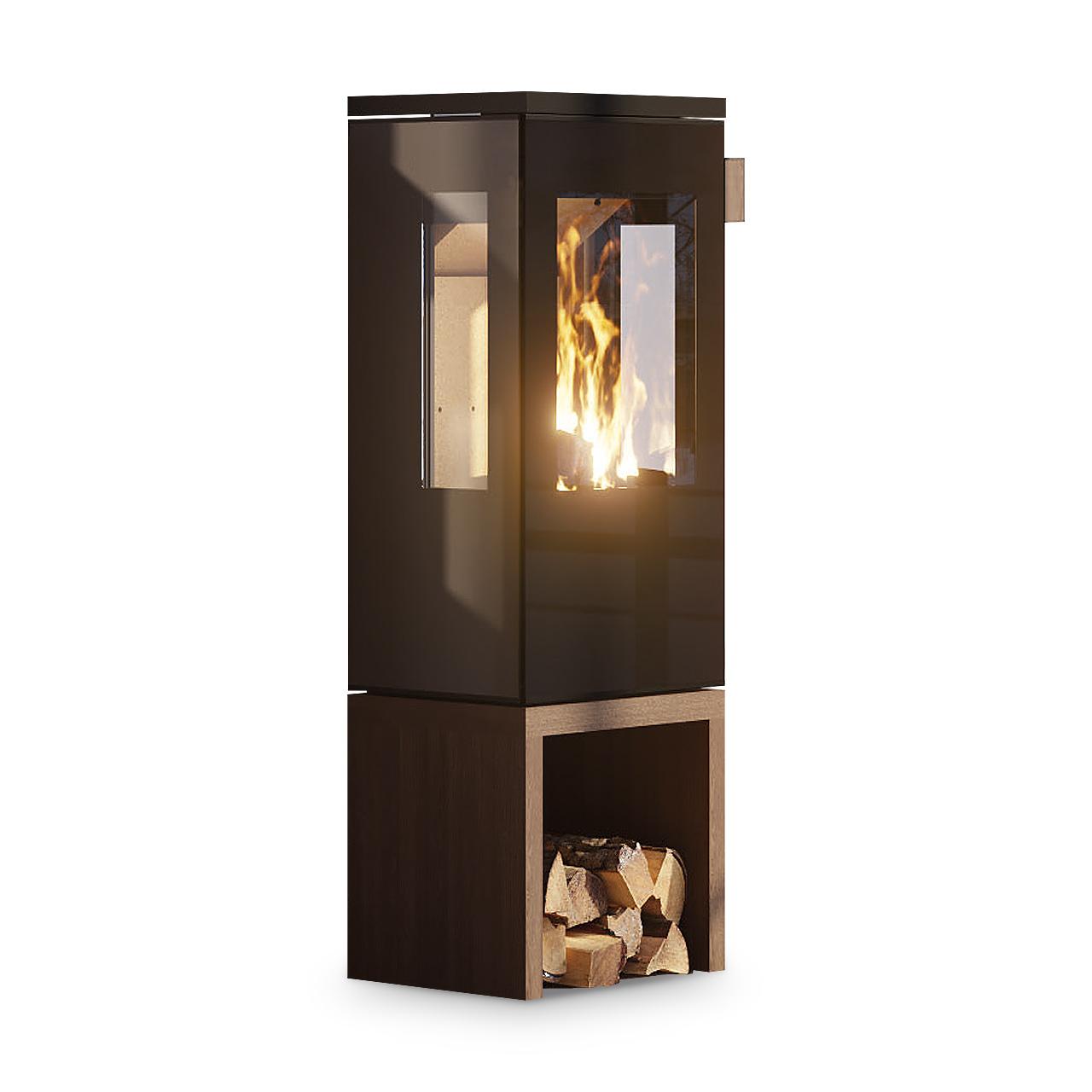 Kaminofen Cera Design Galileo Glas mit 5,5 kW - Sockel: Holz schwarz, vorn offen