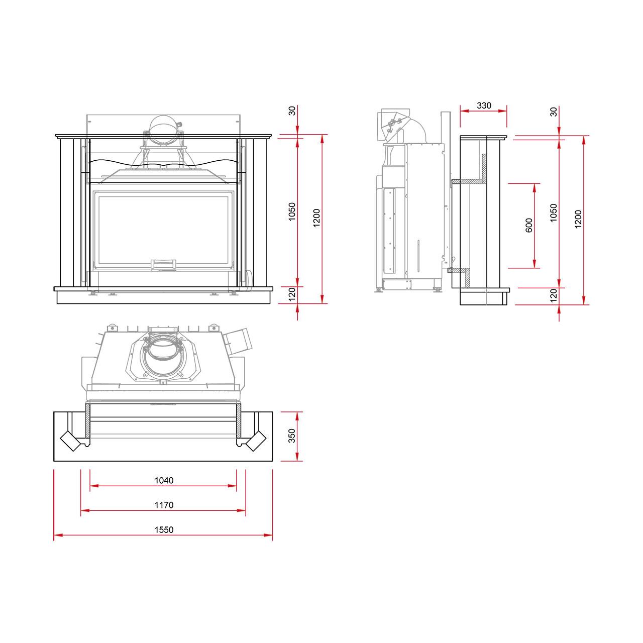 Kaminbausatz Camina N38 mit 10 kW - Naturstein: Travertino Romano - Feuerraumauskleidung: Schamotte weiß