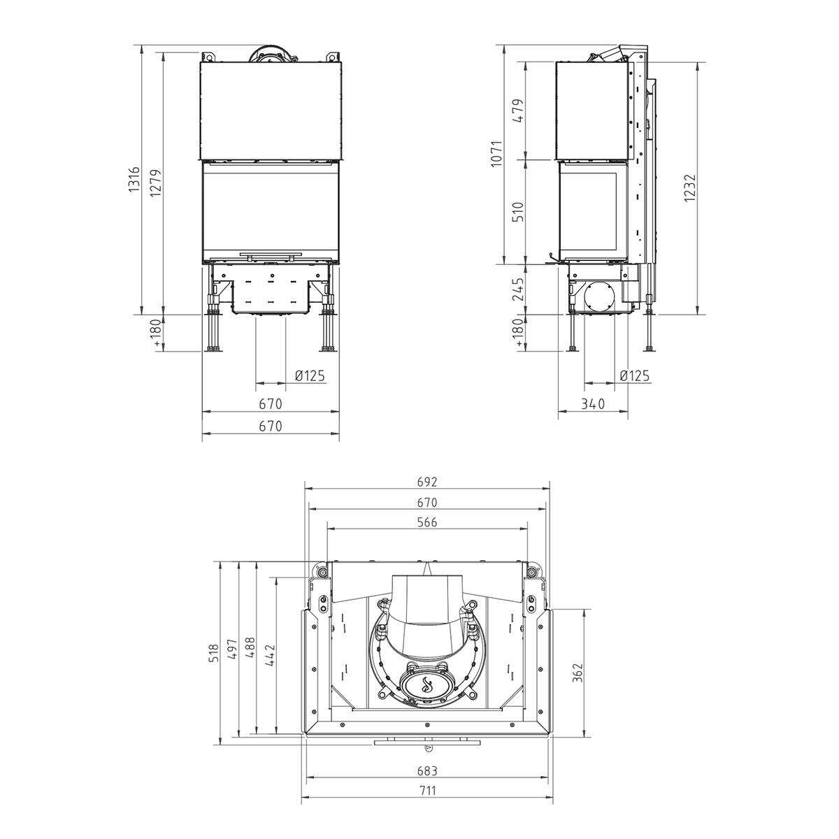 Kamineinsatz Schmid Ekko U 67(34) h evo mit 6,8 kW - Türhöhe: 51 cm - Brennraumauskleidung: Schamotte Weiß - modulares Blendrahmensystem: nein